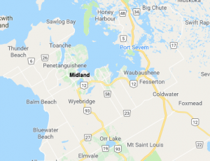 google map of Midland and area, Georgian Bay, Ontario