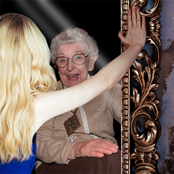young girl, old woman, mirror image